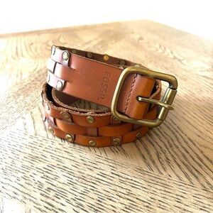 Vintage NWT Fossil Woven Leather Studded Brown Belt Size M/L Boho Hippie Western
